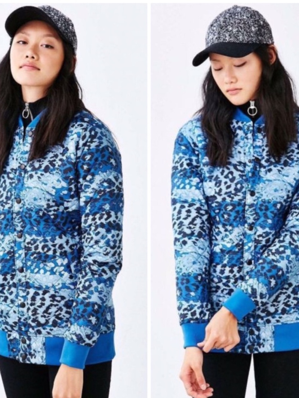 The North Face Anna Bomber Jacket in Blue Leopard Print Small